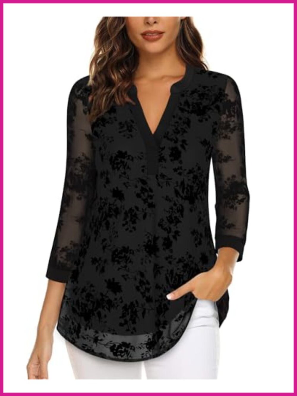 Women's 3/4 Sleeve V Neck Floral Tunic Blouse Double Layers Loose Fit